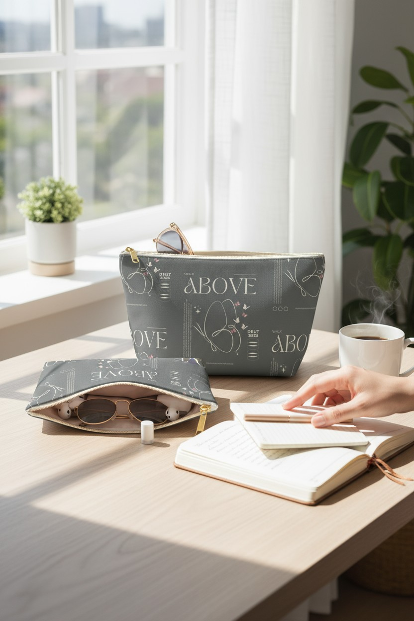 Grey Makeup Bag Zipper Pouch | Travel Organizer | Small & Large Sizes | Matching Tote | Inspirational