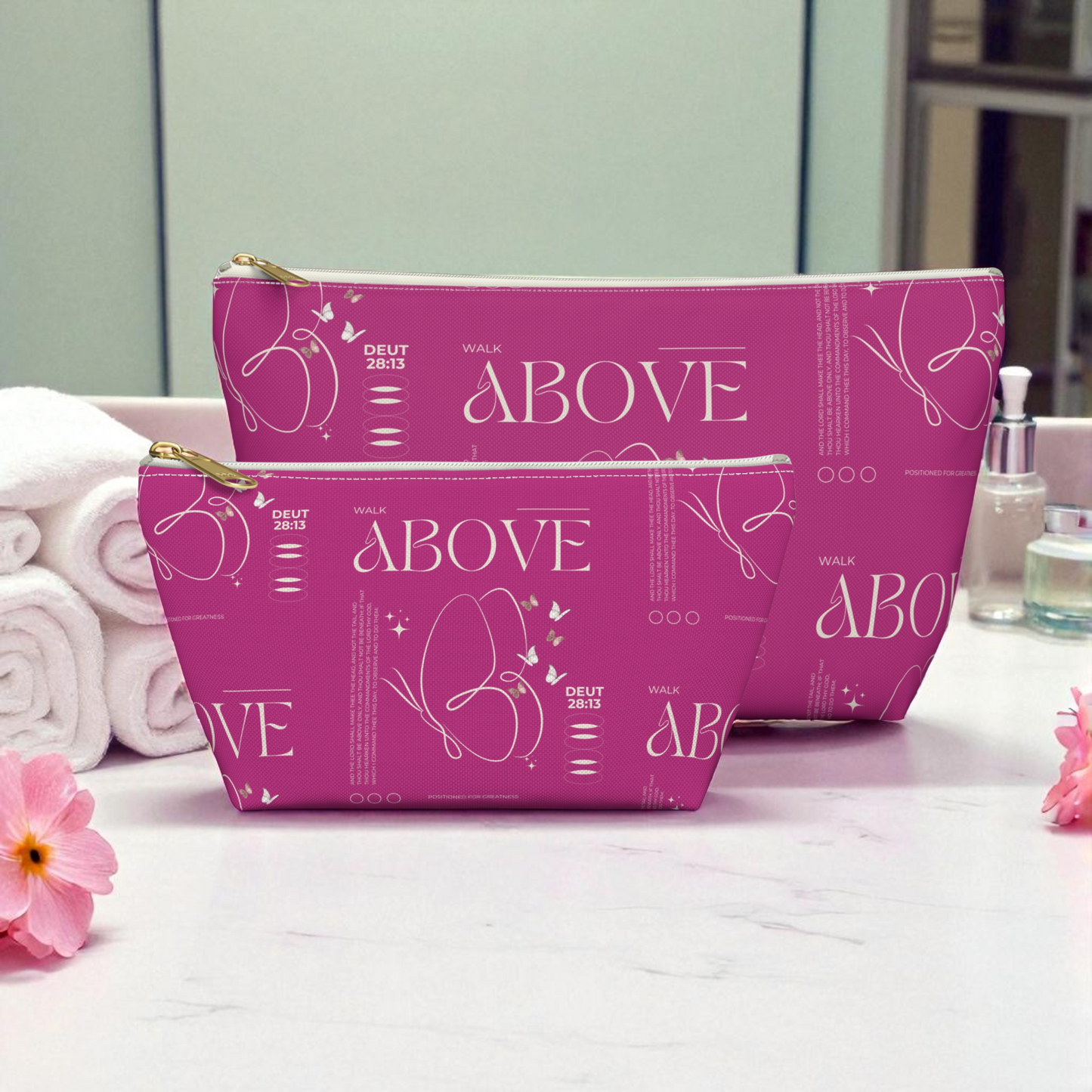 Pink Makeup Bag Zipper Pouch | Travel Organizer | Small & Large Sizes | Matching Tote | Inspirational